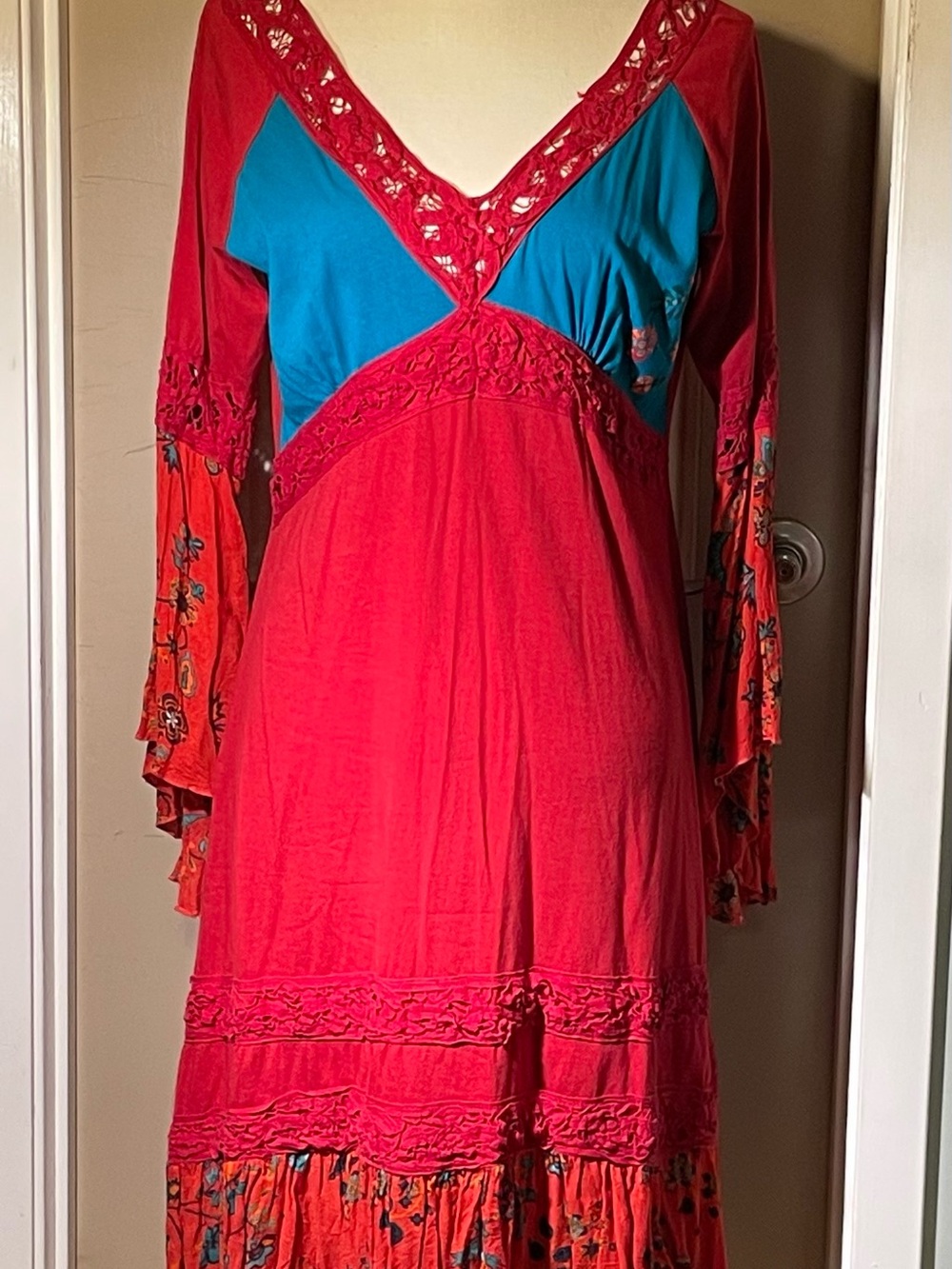 Red Bohemian Cotton Dress Fitted sz L
